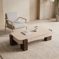 Table basse moderne réglable en travertin style Wabi-Sabi pour salon, petit appartement, rectangulaire, avec cadre en bois massif, simple