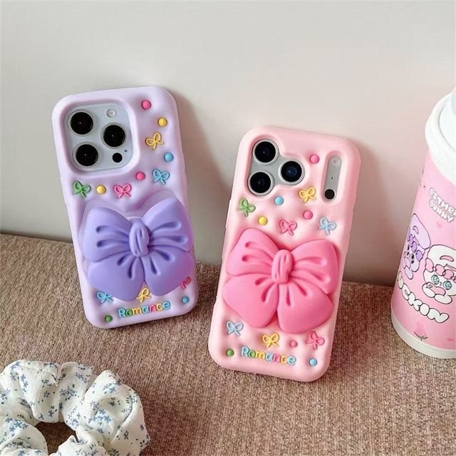 Cartoon Bow Silicone Romance Stand Mobile Phone case for iPhone 17 16 15 Pro Max Butterfly Holder Cute Bracket Rubber Back Cover