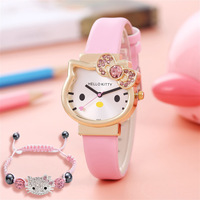 Reloj de Pulsera de Cuero para Niñas, Diseño de Gato de Dibujos Animados, HELLO KITTY, Resistente al Agua hasta 10 m, Venta al por Mayor para Comercio Exterior
