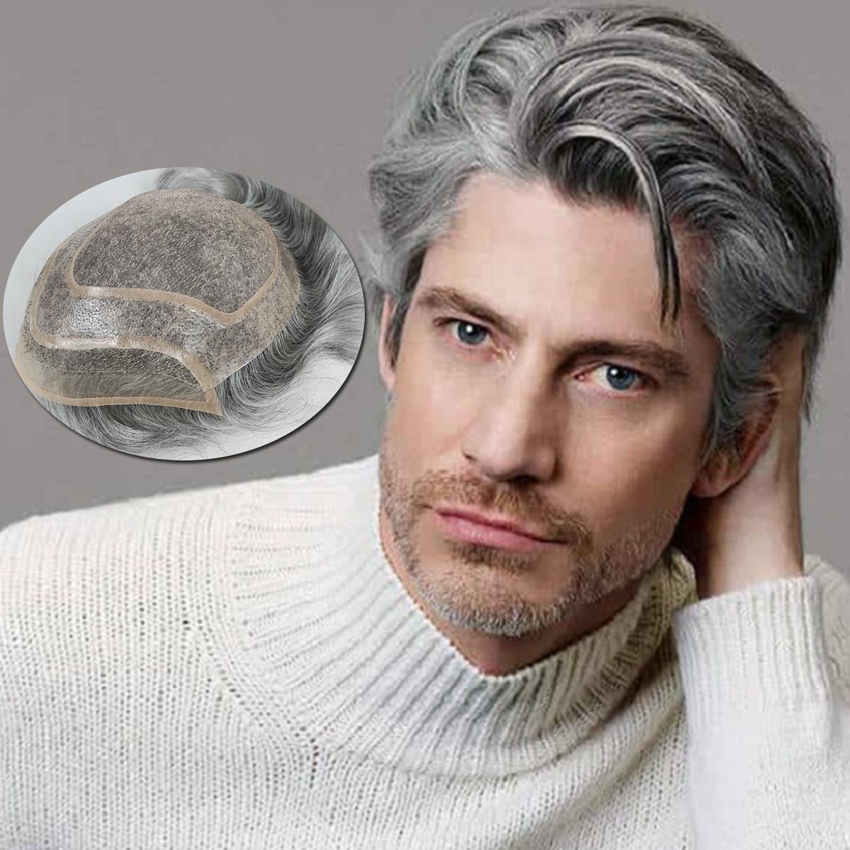 グレーシルバーヘアメンズ交換用レースフロントナチュラル
