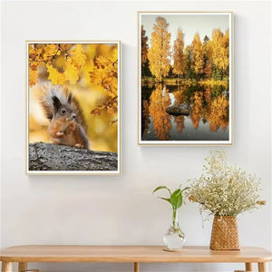 Otoño bosque calabaza Hojas de arce paisaje pared arte lienzo ardilla póster impresión pared carteles decoración pintura - Product Image 4