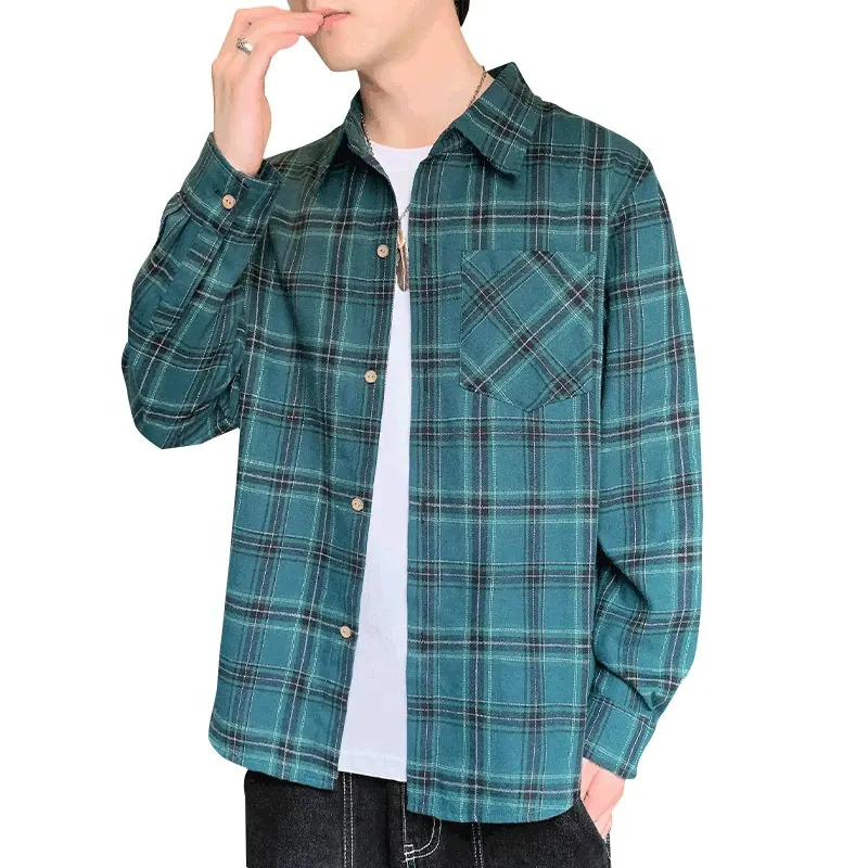 JL-10143 Wholesale Custom Long Sleeve Plaid Cotton Men Check Flannel Shirts Men Tops Fashionable Korean Style Shirt