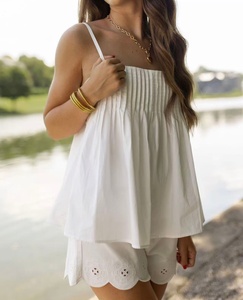 Women's <b>White</b> <b>2</b> <b>Piece</b> <b>Set</b> Sleeveless Pleated Top With Shorts Solid Color Cotton Casual Spring Summer Loose Fit - Product Image 2