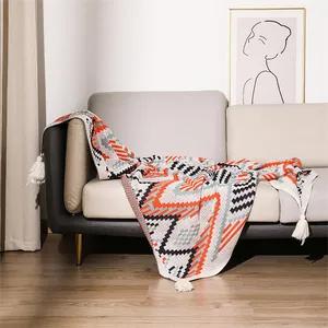 Modern Cozy Geometric Knitting Blanket Aceitar Personalizado Bohemian Throw Cobertor De Malha com Tassel