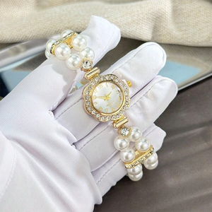 <span class=keywords><strong>Montre</strong></span> à quartz décontractée pour <span class=keywords><strong>femme</strong></span> avec <span class=keywords><strong>bracelet</strong></span> élastique à <span class=keywords><strong>double</strong></span> rang de perles, incrustations de cristaux et boîtier en alliage, cadran à chiffres arabes - Product Image 3