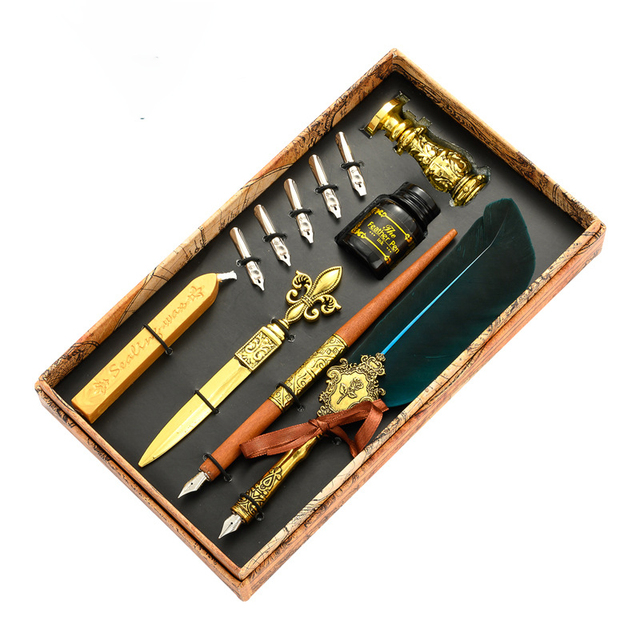 European Style Retro Feather Pen Set Business Student British Creative Valentine's Day Gift Metal Body Gold Tip Fountain Ink Set