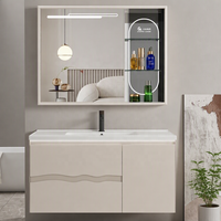Meuble de salle de bain moderne de luxe crème avec vasque intégrée, coiffeuse et miroir LED pour salle de bain