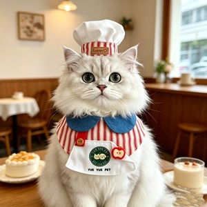 Lindo Traje de Barista/Chef para Gato o Perro, Babero Ajustable a Rayas con Mini Gorro de Chef, Toalla para Saliva de Mascotas para Gatitos - Product Image 1
