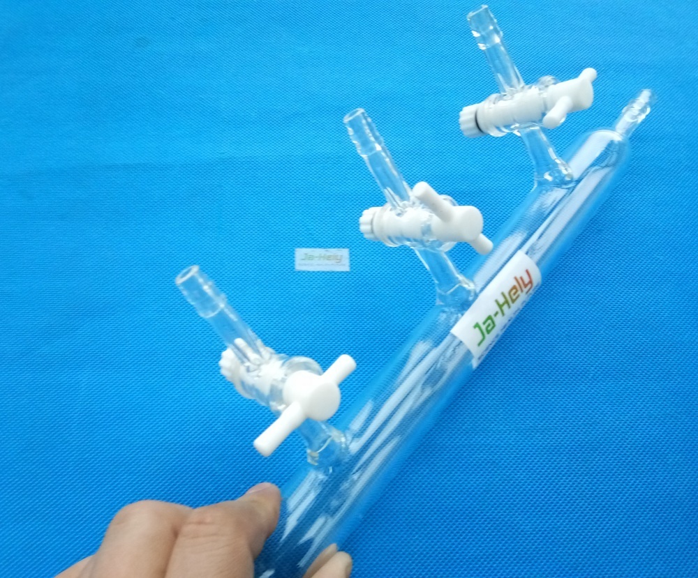 Produktbild von Stonylab Doppel-Vakuumverteiler Aus Borosilikatglas – 4 Anschlüsse, PTFE-Hähne, Für Schlenk-Line, Labor, Vakuumgasverteilung