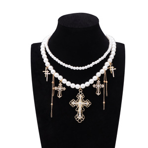 Collar de Perlas de Doble Capa con Cruz, Gargantilla de Aleación de Zinc Dorada con Colgante de Diamante, Joyería de Moda para Fiestas - Product Image 6