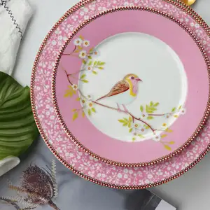 New bone china dinner plates, custom ceramic dishes with bird design lace rim plate