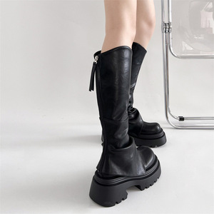 Maigre britannique à lacets imperméable à semelle épaisse bottes longues pour femmes 2025 nouveau automne/hiver rétro hauteur augmentant col en v chevalier - Product Image 2