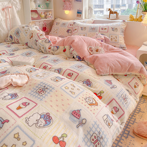 Ensemble de literie en molleton de lait épaissi personnalisé simple de 200 grammes, quatre pièces, bonnet de lit, drap de lit, housse de couette, écologique - Product Image 4