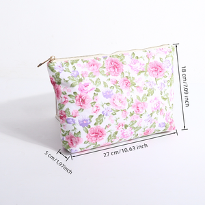 Organizador de cosméticos floral ecológico para mujer, bolsas de maquillaje de algodón interior de guinga verde con estampado personalizado, viaje con cremallera para artículos de tocador - Product Image 6