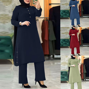HANO abbigliamento islamico estivo 2024 donna abito musulmano camicetta con bottoni e pantaloni Set di abiti Muslim Abaya tunica lunga top - Product Image 2