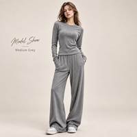 Ensemble décontracté deux pièces pour femme, haut à manches longues 275 GSM et pantalon large, coupe ajustée, OEM ODM, faible MOQ