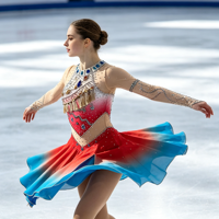 Costume de patinage artistique dégradé rouge et bleu, robe à col halter en maille à manches longues avec strass pour filles et adultes, pour compétition et performance