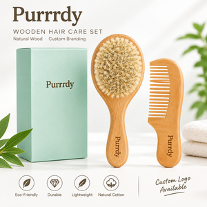 Cepillo y Peine Redondos para el Cabello con Logotipo Personalizado, Herramienta Circular para el Cuidado del Cabello, para Recién Nacidos, Bebés, Niños Pequeños, Hechos a Mano con Madera de Bambú Natural - Product Image 1