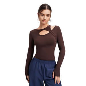 Romantic Asymmetric Long Sleeves Shockproof Padded Front Logo Quick Dry Workout Fitness Shirts Women Running Gym Yoga <b>Tops</b> - Product Image 1