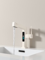 Robinet de lavabo de salle de bain en laiton blanc crème avec affichage numérique LED intelligent de la température, mitigeur monocommande chaud/froid pour vasque