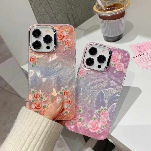New Flower Glitter Iridescent Colorful Feather Phone Case for iPhone 12 13 14 15 16 17 Pro Max PC Shockproof Phone Case