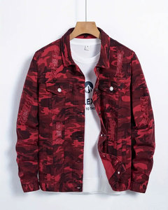<strong>Men</strong> <strong>Red</strong> Camouflage Ripped Denim Trucker Jacket Distressed Vintage Streetwear Casual Long Sleeve Breathable 100% Cotton <strong>Jean</strong> - Product Image 1