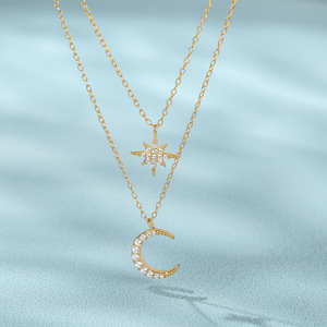Collier en argent sterling S925 double rangs avec étoile et lune serties de diamants, pendentif étoile à huit branches pour femme - Product Image 1