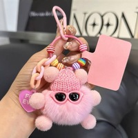 Mignon porte-clés et pendentif en peluche de fourrure de lapin Rex en forme de boule de charbon pour sacs d'école et clés de voiture