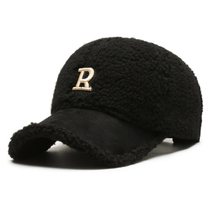Lamb Wool Baseball Cap With Letter R Fleece Warm Winter Unisex Hat - Product Image 3
