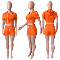 Ensembles à capuche XS Dernier design Couleur unie Shorts courts Manches courtes Crop top Ensemble de shorts de motard d'été Ensemble deux pièces Vêtements pour femmes