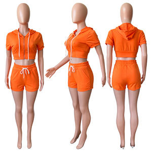 Completo con Cappuccio XS Ultimo Design Tinta Unita Shorts Corti Top Corto a Maniche Corte Set Estivo Due Pezzi <span class=keywords><strong>Abbigliamento</strong></span> Donna - Product Image 6