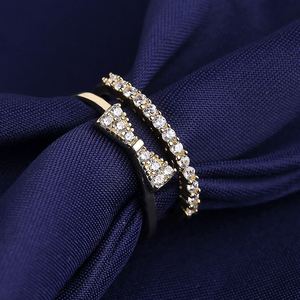 Bague pour femme plaquée or, double couche, en forme de nœud papillon, ajustable, micro-incrustée de zircon étincelant, pour fête d'anniversaire - Product Image 5