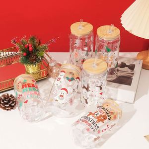Offre Spéciale – Gobelet en Verre à Double Paroi de 16 oz avec Logo Personnalisé, Sublimation, Motif Neige de Noël, Couvercle en Bambou et Paille - Product Image 4