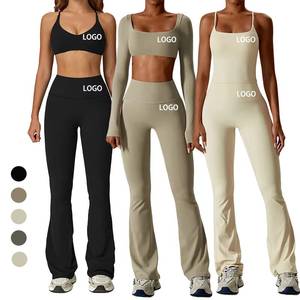 New Wholesale Custom High Quality Recycled Crop Long Sleeve 2 Piece Yoga Flare Pants Set Plus Size Gym Fitness Sets for <b>Women</b> - Product Image 1