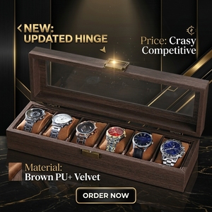 Boîte de rangement pour montres en similicuir grain écorce rustique, conception de charnière arrière améliorée, 6 emplacements, vente en gros - Product Image 1