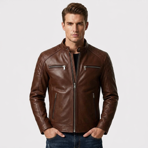 Chaqueta de Cuero Genuino y Lona Unisex BS International, Color Marrón, Cuello Regular, Manga Larga, Impermeable, Estilo Racer, Cierre Frontal con Logo - Product Image 1