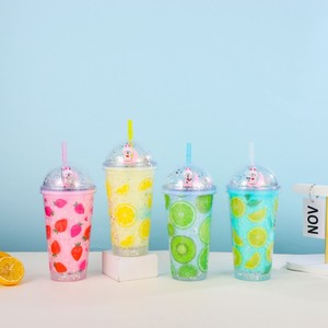450ml Tropical Fresh Fruit Pattern <b>Plastic</b> Tumbler Double Wall Design with <b>Straw</b> Silver Glitter Dome Lid Cute Mini Rabbit - Product Image 5