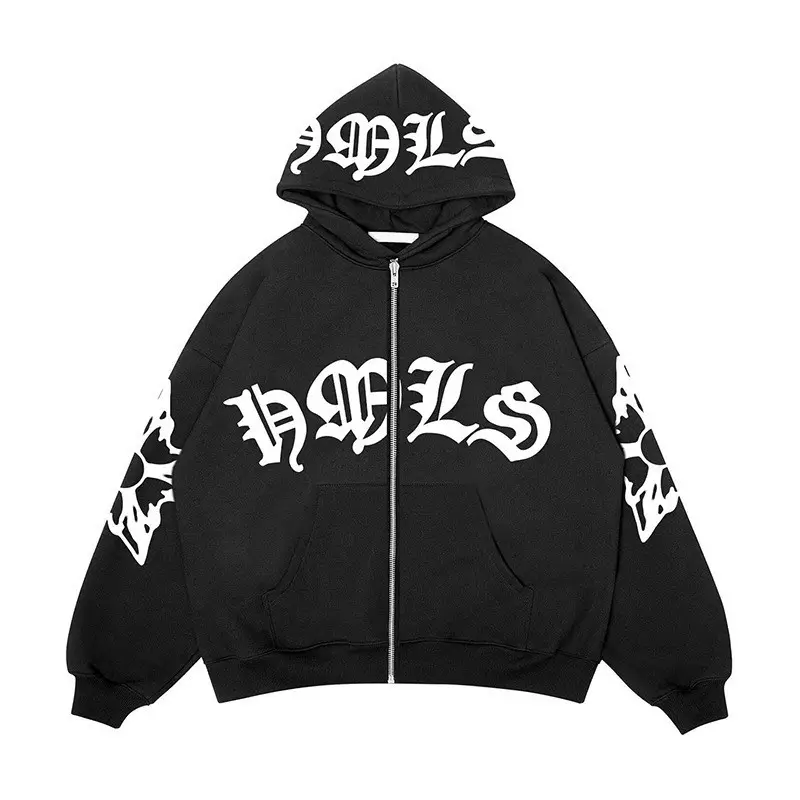 Xmas Y2k Zip Up Hoodie Harajuku 3d Letter Puff Print Hoodies Long Sleeve Sweatshirts Gothic Punk Y2k Full Zip Up Hoodie