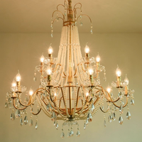 Lustre en cristal doré de style français-américain, avec des rangées de perles, luminaire suspendu LED, structure en fer, hauteur réglable, installation facile