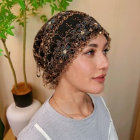 Gorro Turbante de Malla con Encaje Floral y Cuentas para Mujeres Musulmanas, con Lazo Trasero, Múltiples Colores, Elegante Pañuelo para la Cabeza para Uso Diario y Fiestas