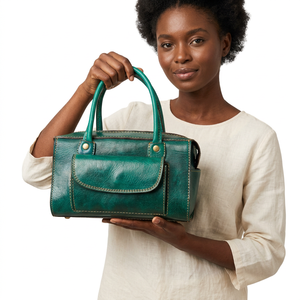 Super Hand Premium Genuine Leather Lady Women's Satchel <b>Bag</b> Two Handles Zipper Closure Classic <b>Green</b> Daily Use - Product Image 5