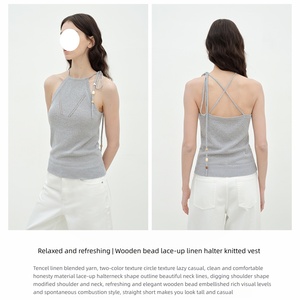 Débardeur sans manches décontracté pour femmes Camisole courte à col licou en lin avec cravate en perles en <span class=keywords><strong>bois</strong></span> et gilet tricoté creux - Product Image 3
