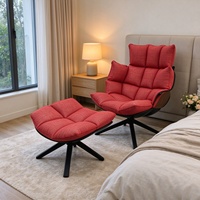 Fauteuil lounge moderne avec ottoman, fauteuil inclinable en tissu rouge, base pivotante noire, fauteuil individuel, OEM ODM, meubles sur mesure