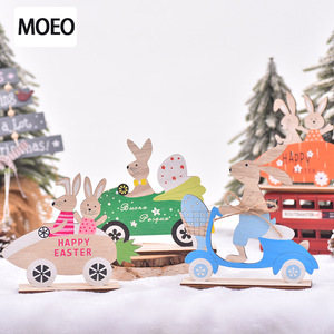 Adorno de madera de conejo de Pascua en bicicleta, Novedad en artesanía de madera para el hogar, Carroza de zanahorias para conejo - Product Image 3