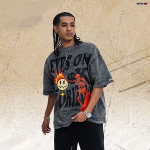 T-shirt pour homme surdimensionné en coton 100% imprimé 300G, vintage, lavé, manches courtes, col rond, streetwear - Product Image 3