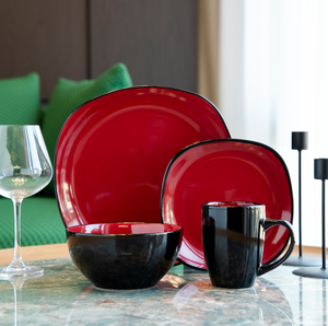 Service de table en céramique rouge et noir de 16 pièces pour 4 personnes, vaisselle en porcelaine cuite à haute température, assiettes carrées, bols, tasses, couleur luxueuse - Product Image 1
