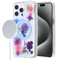 Coque de téléphone de luxe transparente en TPU+PC avec fleurs en résine époxy pour iPhone 17/16/15/14/13/12, protection antichoc transparente et magnétique renforcée