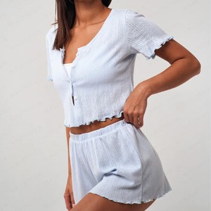 Custom New Style Women Girls <strong>Crop</strong> Buttons <strong>Ladies</strong> Short Pajama Set Women Summer 2 Piece Jacquard 100% Cotton <strong>Pyjamas</strong> Sleepwear - Product Image 2