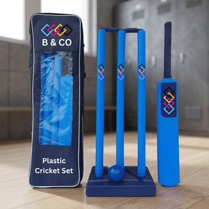 Ensemble de cricket en plastique taille réelle pour enfants et adultes, jeu de plein air pour pelouse et jardin, kit complet avec batte, ballon, piquets et buts pour l'entraînement et la pratique - Product Image 1