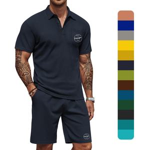 Polo à col boutonné en coton respirant de qualité supérieure personnalisé à la mode Short à taille élastique Vêtements de sport Ensemble noir gaufré pour hommes - Product Image 1